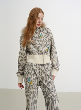 SOFITTE 25AW豹纹烫钻毛领斜门襟卫衣外套短款秋冬女新款修身保暖