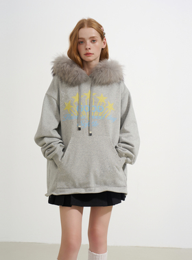 SOFITTE 25AW灰色趣味印花立体圆弧边毛领连帽卫衣宽松男女同款