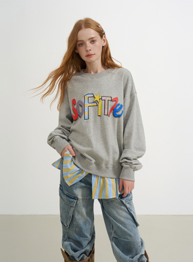 SOFITTE 25AW灰色印花贴布logo拼接圆领卫衣休闲百搭男女同款