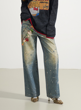 【汪苏泷 白冰 许嵩同款】SOFITTE 链条吊坠做旧泼墨3D牛仔裤男女