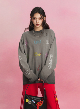 SOFITTE 25SS灰色做旧水洗蛇年限定T恤涂鸦烫钻圆领宽松上衣男女