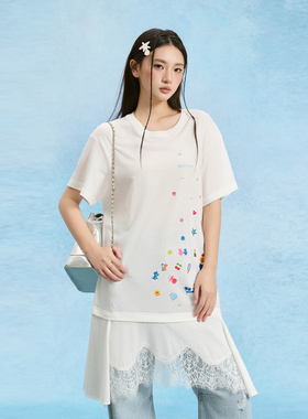 SOFITTE 25SS雾白色贴纸印花不对称设计夏季潮流休闲蕾丝连衣裙