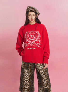 SOFITTE 25AW肌理感腊肠狗印花时尚潮流破坏套头红色毛衣男女同款