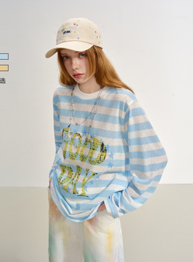 【丁程鑫 赵磊 周深同款】SOFITTE 条纹T恤长袖印花做旧宽松男女