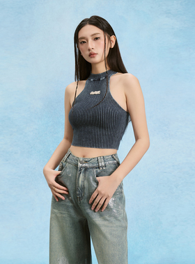 SOFITTE 25SS做旧水洗海盐蓝色设计辣妹性感风挂脖短款修身背心