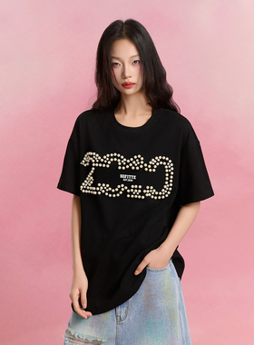 SOFITTE 25SS黑色立体珍珠休闲T恤夏季新款时尚纯棉字母短袖男女