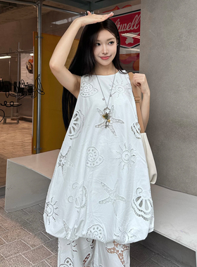 SOFITTE 25SS夏季白色天丝海洋镂空绣无袖花苞裙摆高腰显瘦仙女裙