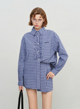 【戚砚笛 姜贞羽同款】SOFITTE 25AW航海蓝格纹木耳花边刺绣衬衫