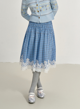 SOFITTE 25AW蓝色格纹蕾丝花边A字裙宽松显瘦美式复古拼接半身裙