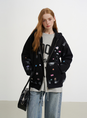 SOFITTE 25AW黑色趣味贴纸印花刷漆连帽卫衣休闲白搭宽松男女同款