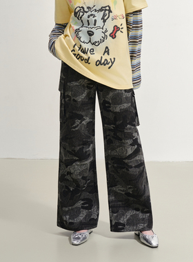SOFITTE 25AW深灰色做旧花朵迷彩宽松美式复古直筒百搭工装裤男女