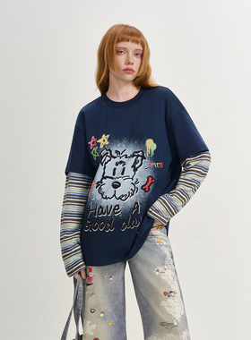 【李振宁 张泽禹 汪苏泷同款】SOFITTE 小狗印花假两件T恤厚款冬