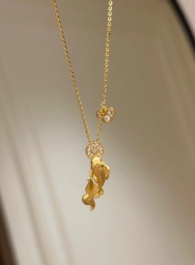 新中式古法沙金镶钻吞金锦鲤项链女小众设计复古招财运转锁骨链女