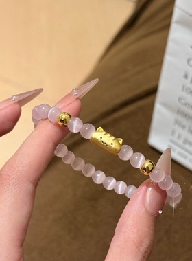 法棍猫可爱手串猫眼石黑曜石白玛瑙小众设计高级感气质叠戴手链女