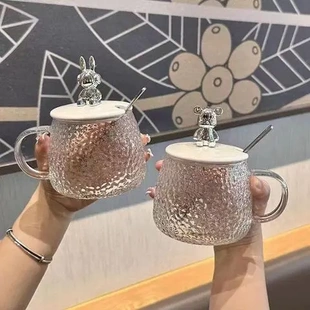 玻璃杯小熊早餐锤纹水杯高颜值饮料杯带把手家用网红女士咖啡