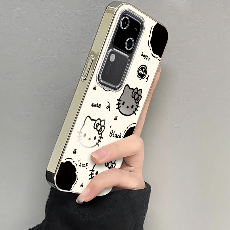 适用vivoS18手机壳vivo S18Pro保护套viv0新款可爱软电镀全包防摔曲屏曲面屏步步高维沃Por是Pr0女生黑白kt猫