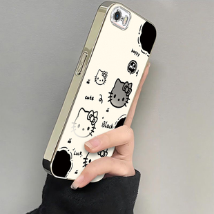 适用苹果5手机壳5S新款iPhoneSE1代一代磨砂5SE电镀全包防摔保护套女生可爱软壳钢化膜ip五S简约ipse黑白kt猫
