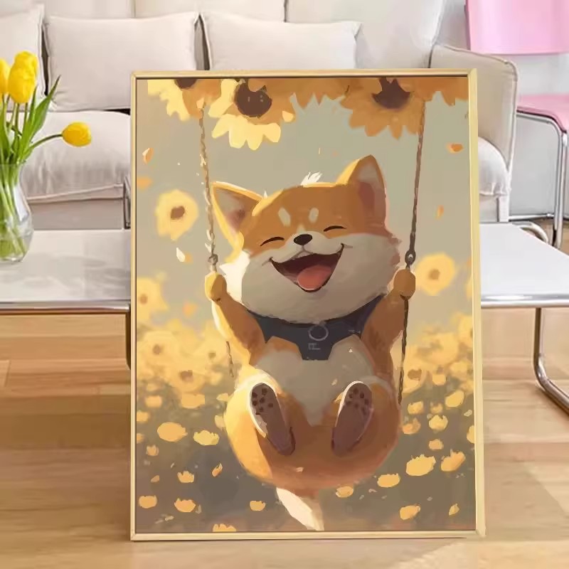 向日葵小狗柴犬挂画可爱狗狗治愈