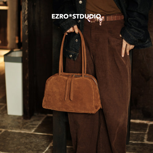 【EZRO】一作 头层牛皮麂皮磨砂真皮单肩腋下波士顿女包保龄球包