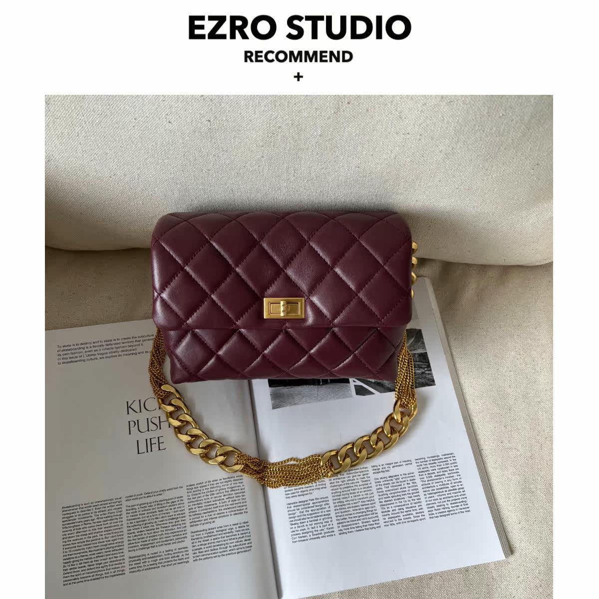 【EZRO】软糯羊皮真皮单肩菱格链条质感高级小方包腋下女包洋气