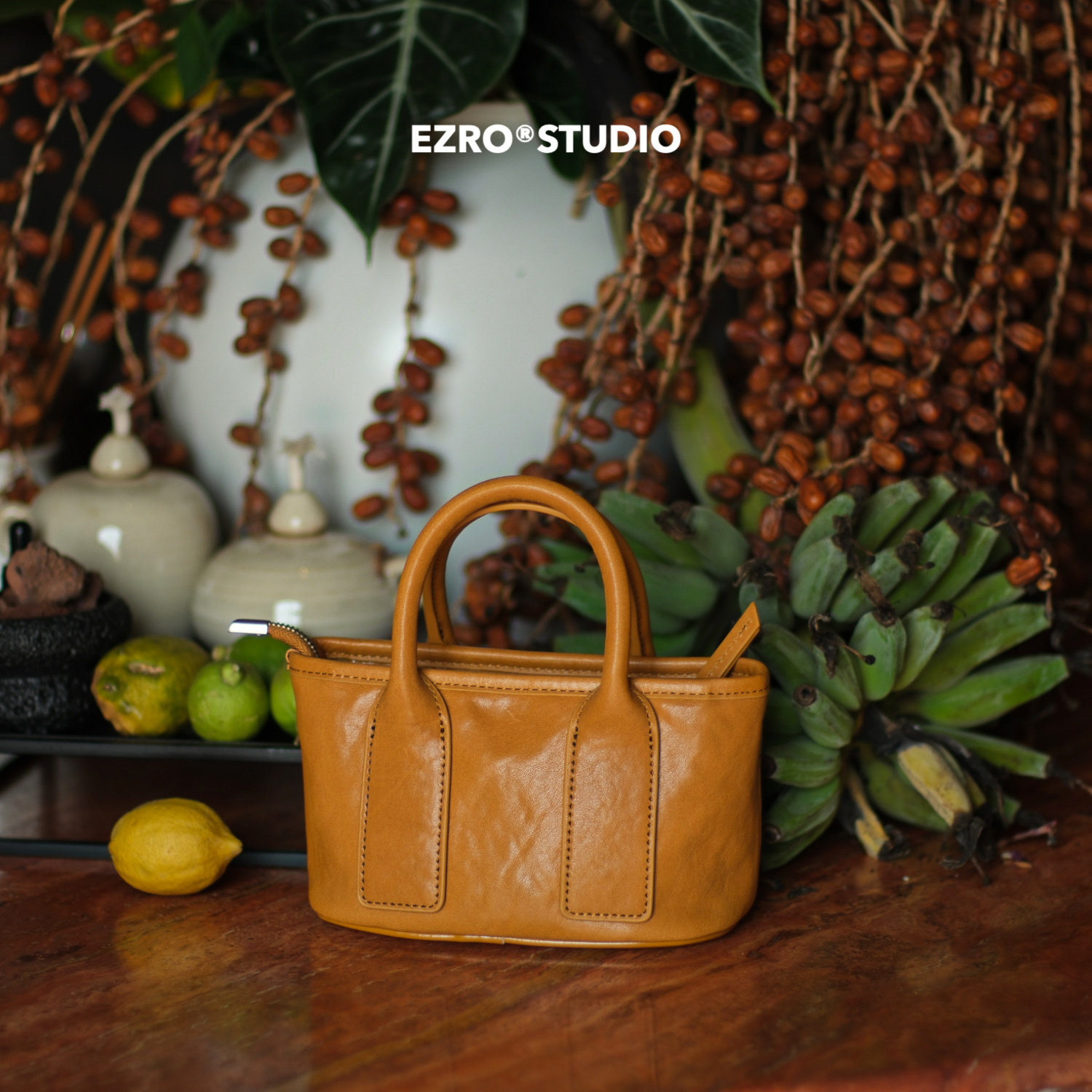 【EZRO】一作 植鞣牛皮质感真皮菜篮子包手提斜挎马鞍包新款女包