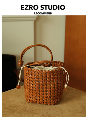 【EZRO】一作 手工编织真皮牛皮水桶包美拉德色单肩斜挎女包度假