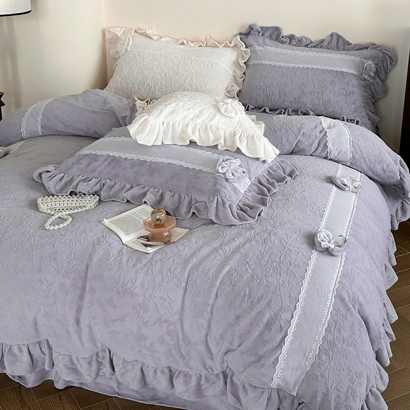 法式冬季加绒加厚牛奶绒四件套双面绒珊瑚绒雕花被套少女床单床笠