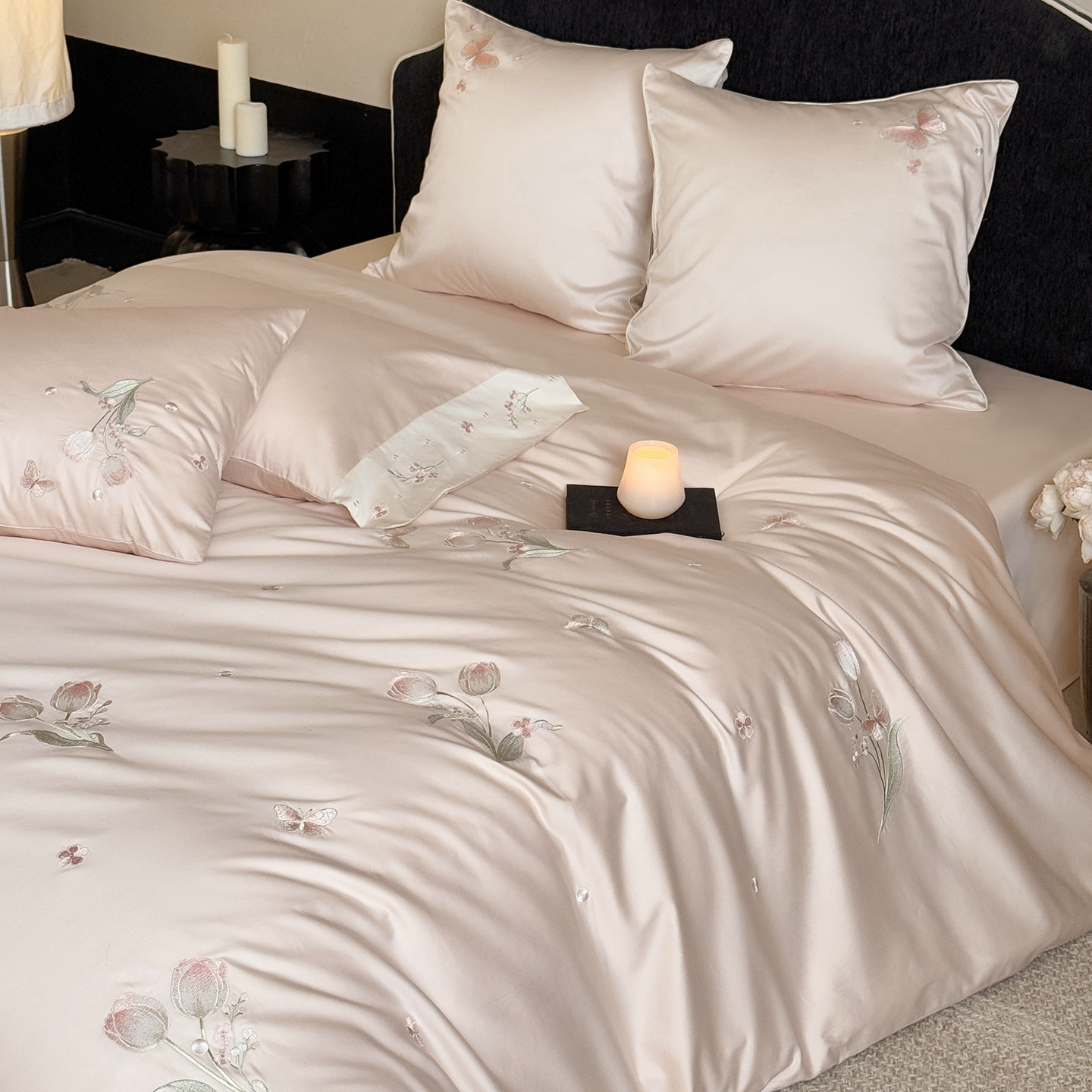 法式轻奢少女粉色全棉长绒棉四件套纯棉刺绣被套简约高级床单床品