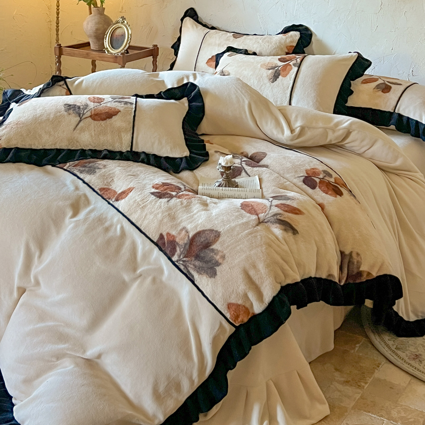 法式中古风花卉牛奶绒四件套公主风荷叶花边被套冬季保暖床笠床单,床上用品,床品套件/四件套/多件套,淘宝优惠券,粉丝福利购,淘宝优惠卷