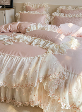 法式公主风夹棉床盖款全棉四件套纯棉高级感蕾丝花边少女被套床单