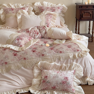 法式 秋冬浪漫粉婴儿绒四件套加厚保暖蕾丝花边被套高级感床盖床品