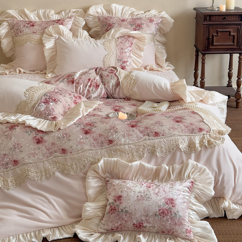 法式粉色长绒棉床盖款高级四件套