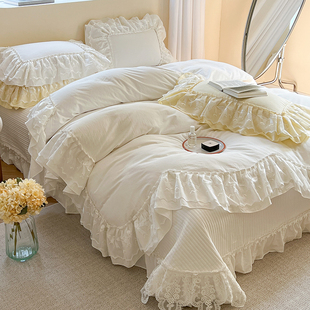 法式床盖款全棉四件套纯棉公主风蕾丝荷叶边被套加厚白色夹棉床单