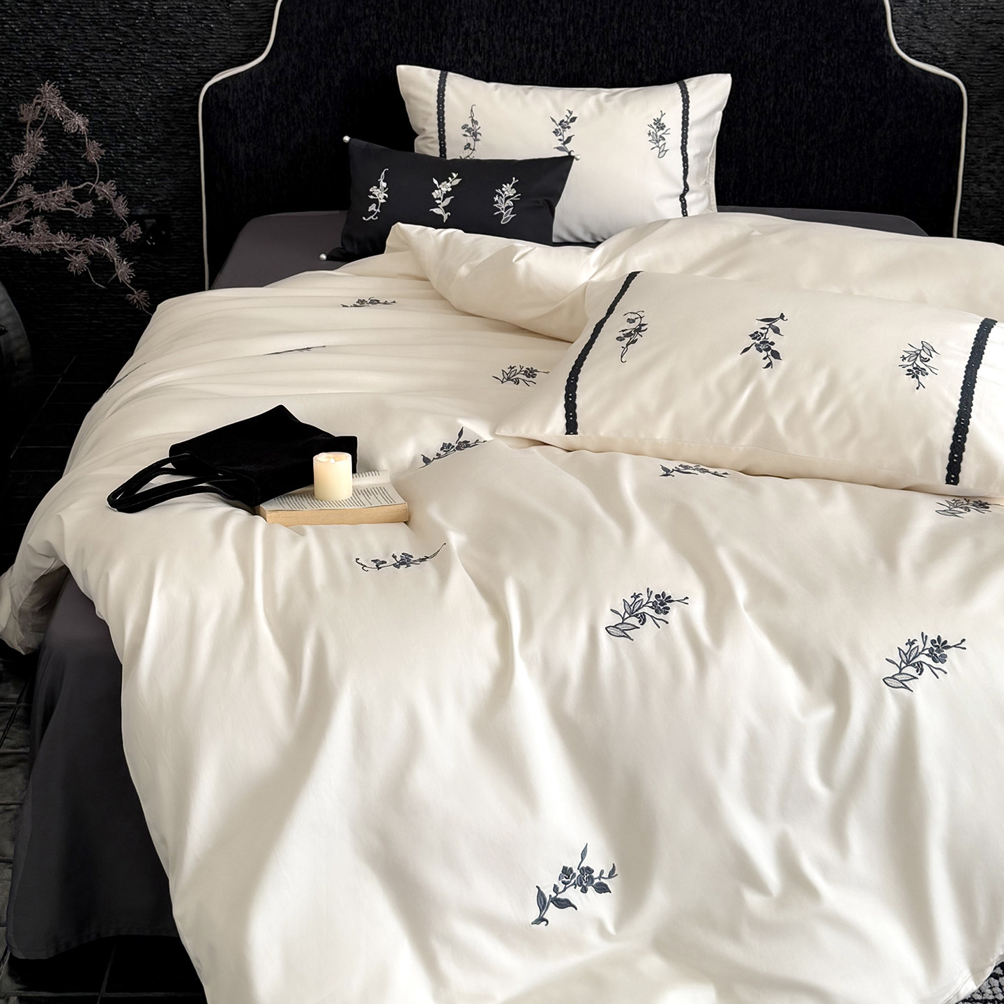 法式轻奢全棉长绒棉四件套纯棉刺绣花卉被套床单床笠高级黑白床品