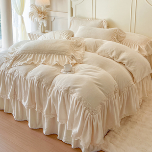 法式 加绒牛奶绒四件套公主风珊瑚绒蕾丝被套保暖加厚仙女床裙 冬季