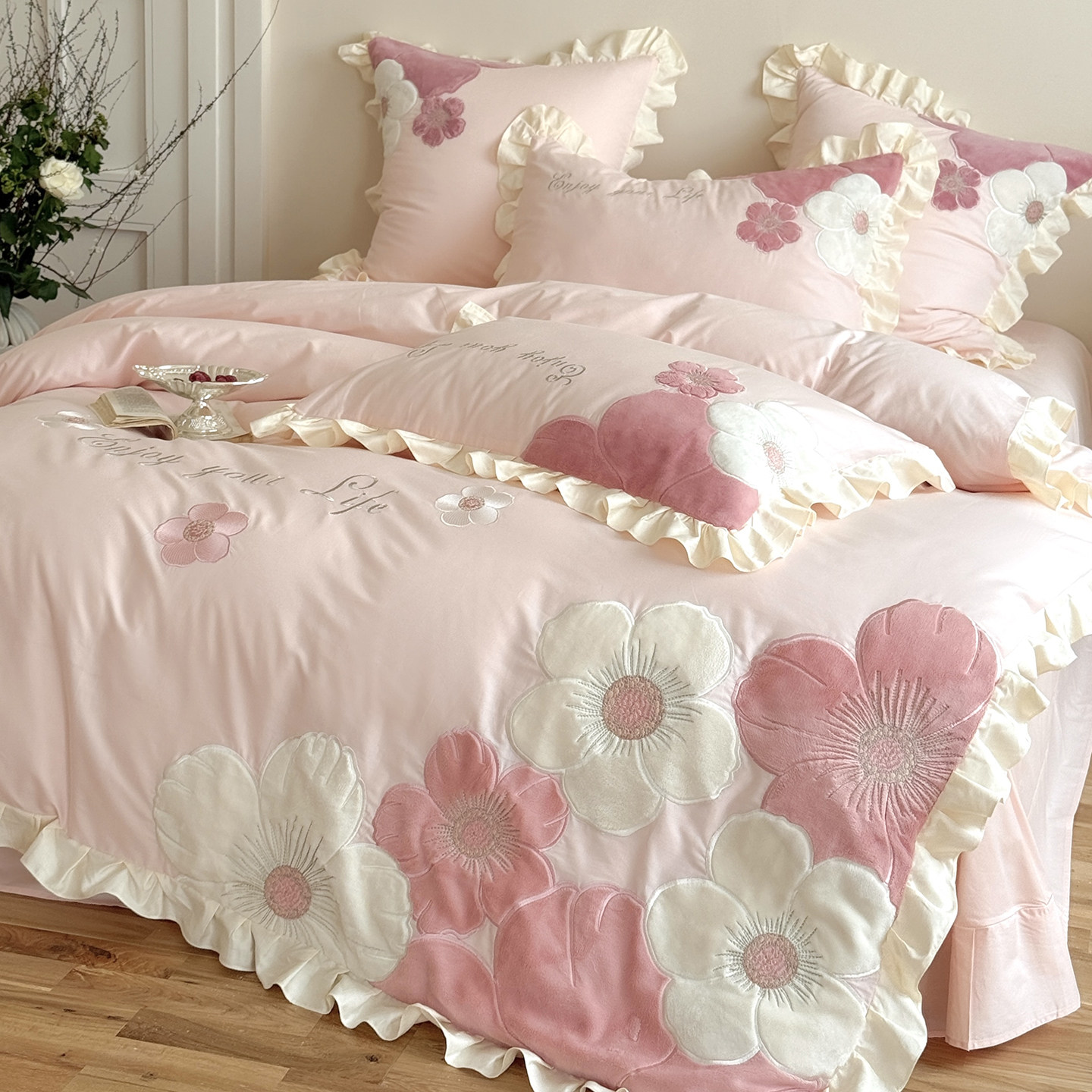 法式少女可爱全棉四件套纯棉刺绣花边被套床单公主风卡通粉色床品