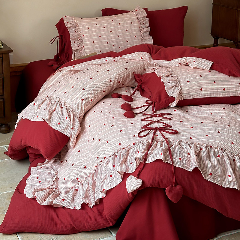 法式复古红色少女全棉双层纱刺绣提花四件套纯棉花边被套结婚床品