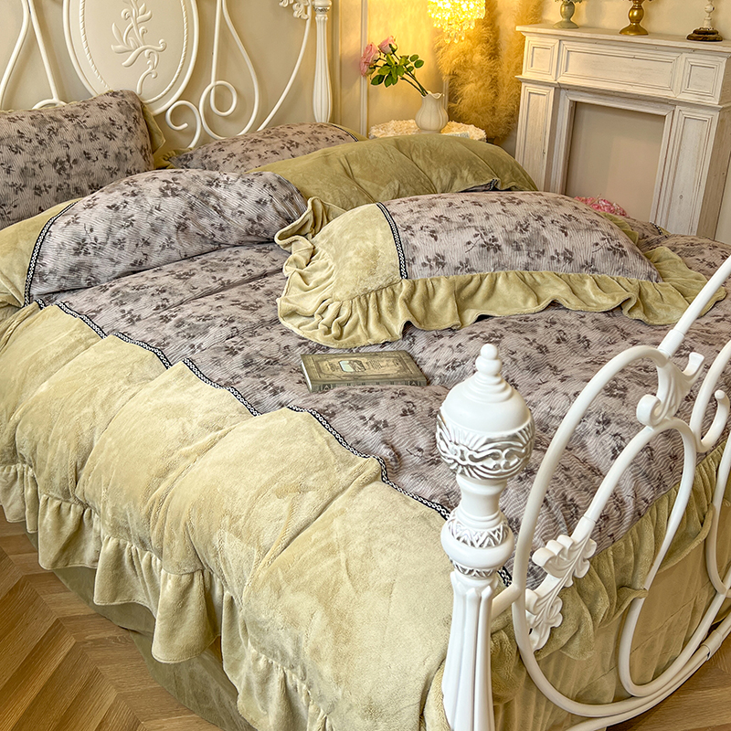 法式复古田园风牛奶绒四件套公主风加绒珊瑚绒双面绒被套加厚床单