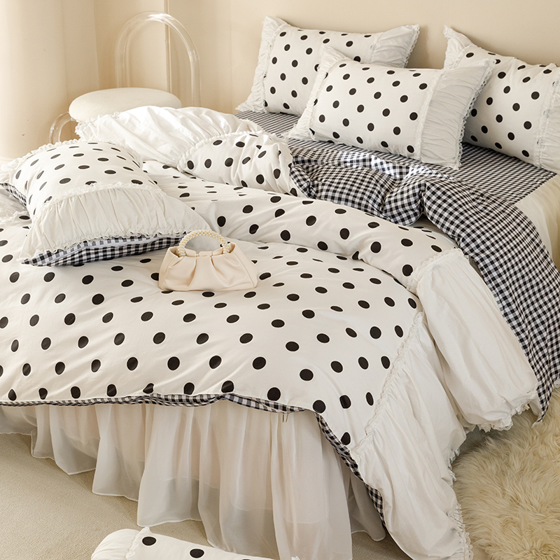 波点四件套全棉雪纺蕾丝床裙公主