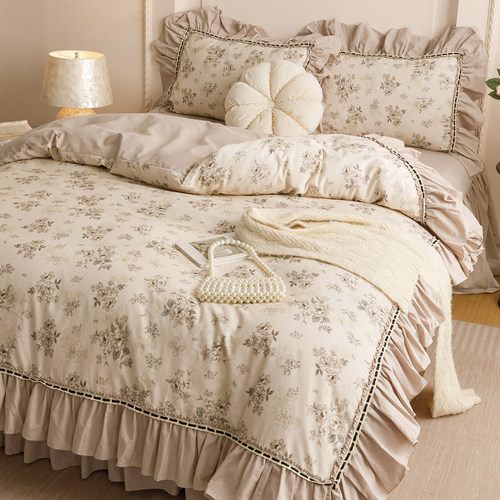 法式复古碎花全棉磨毛床裙四件套