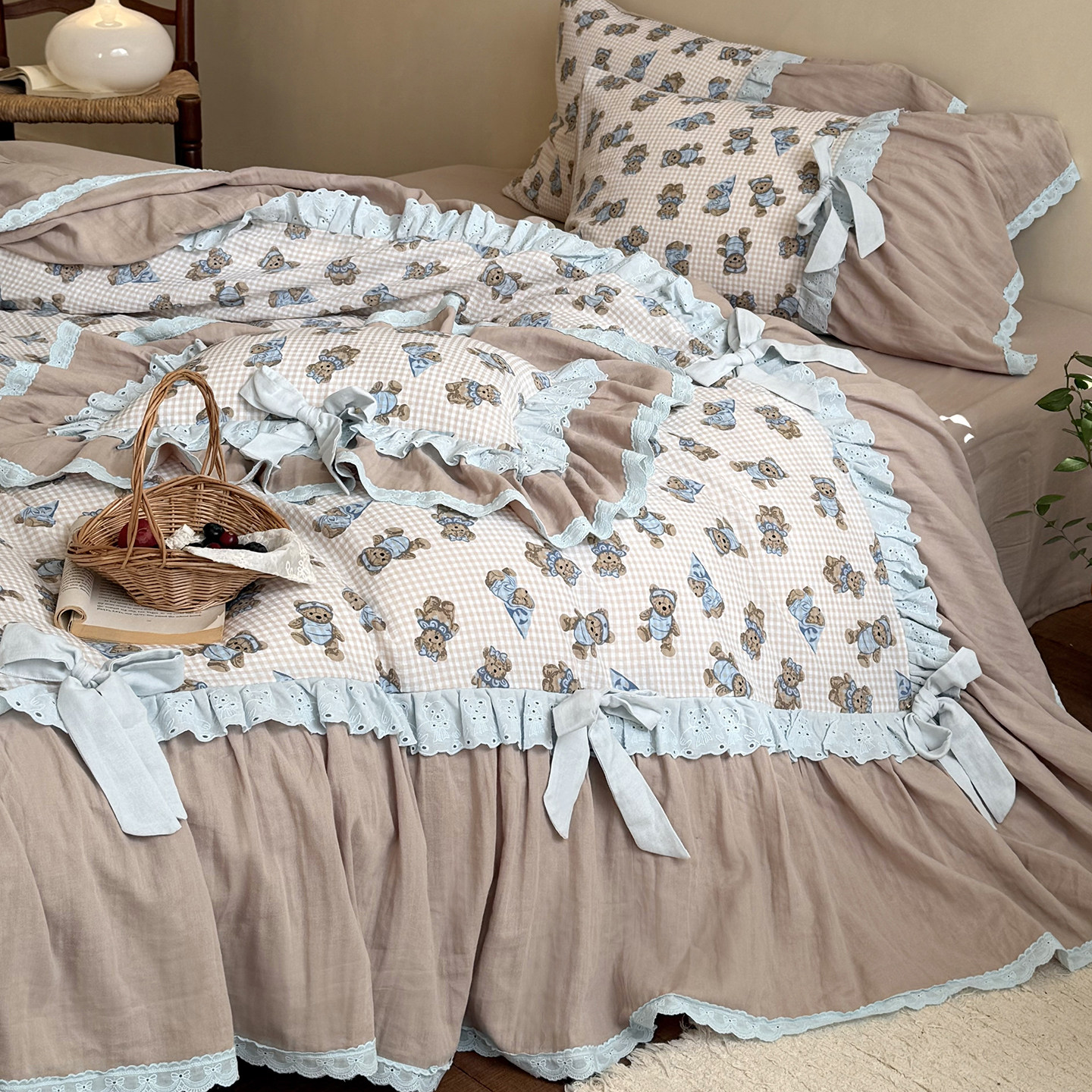 法式少女心全棉皱皱双层纱四件套纯棉蝴蝶结小熊被套高级感床单,床上用品,床品套件/四件套/多件套,淘宝优惠券,粉丝福利购,淘宝优惠卷