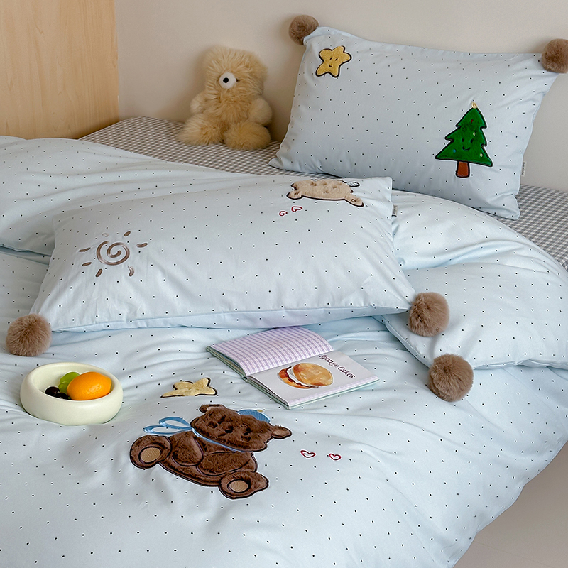 卡通全棉水洗棉波点床笠款四件套