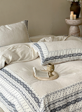 法式高级感复古亚麻棉麻四件套纯棉提花条纹花卉被套床单床笠床品