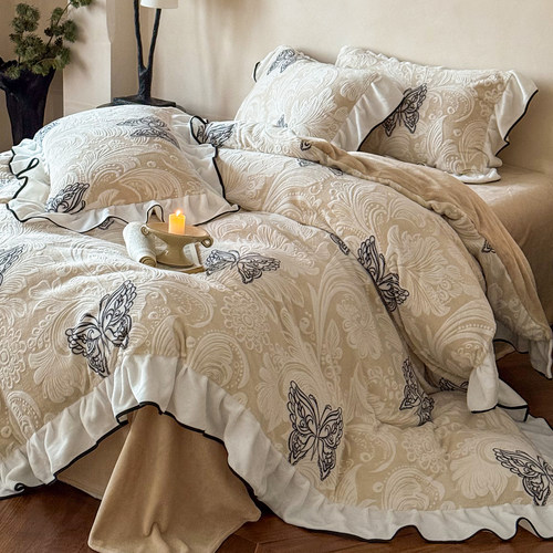 法式蝴蝶提花牛奶绒四件套公主风