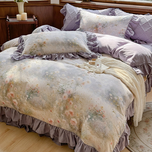 法式床盖款全棉双层纱四件套纯棉田园印花被套花边公主风夹棉床单
