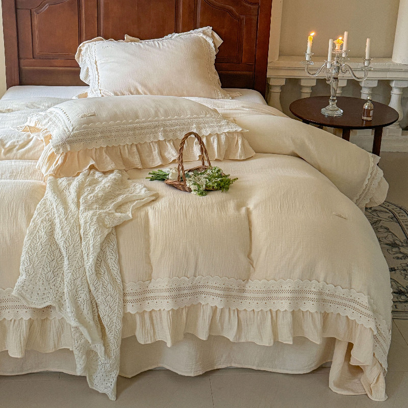 法式纯棉四件套刺绣蕾丝花边被套纯色床单全棉皱皱双层纱床上用品,床上用品,床品套件/四件套/多件套,淘宝优惠券,粉丝福利购,淘宝优惠卷