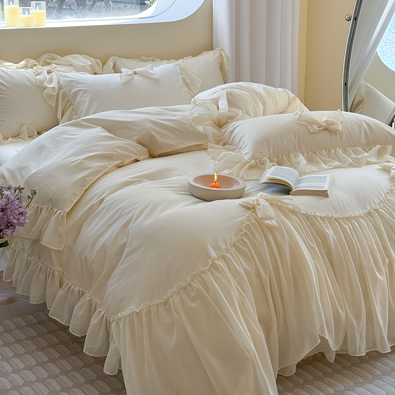 法式仙女全棉床上四件套纯棉公主风蕾丝花边被套奶油轻奢裸睡床单