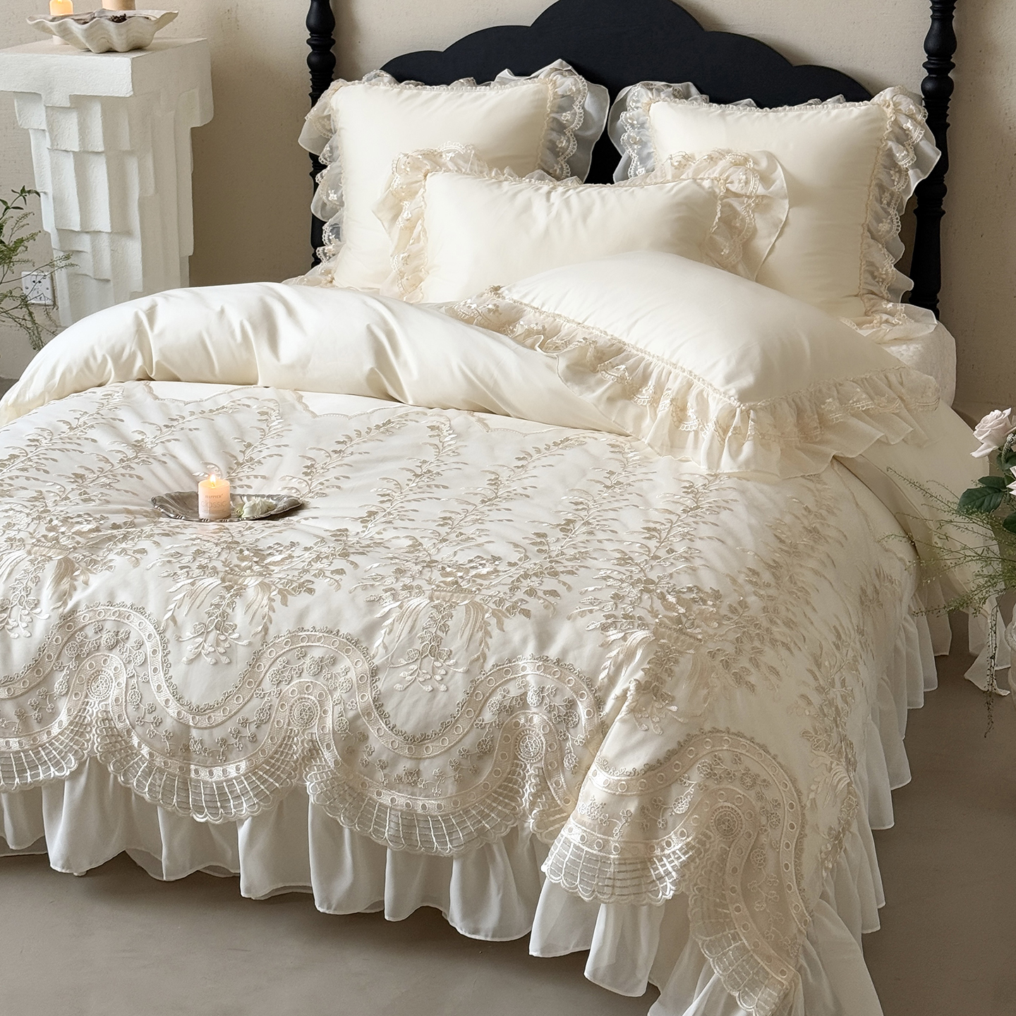 法式轻奢全棉长绒棉四件套公主风纯棉蕾丝边被套床盖床单仙女床品