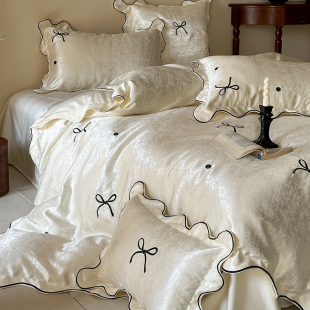 法式 少女蝴蝶结全棉长绒棉四件套公主波点刺绣纯棉被套奶油风床品