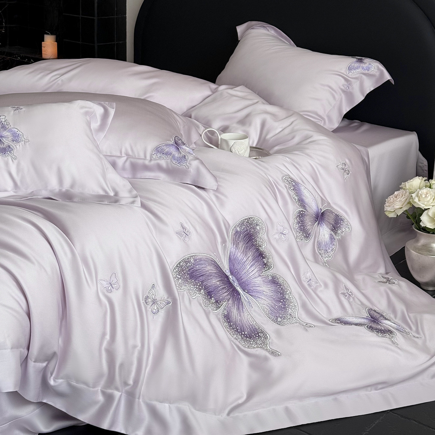 法式浪漫蝴蝶100S全棉长绒棉四件套公主风刺绣紫色被套高级感床单,床上用品,床品套件/四件套/多件套,淘宝优惠券,粉丝福利购,淘宝优惠卷